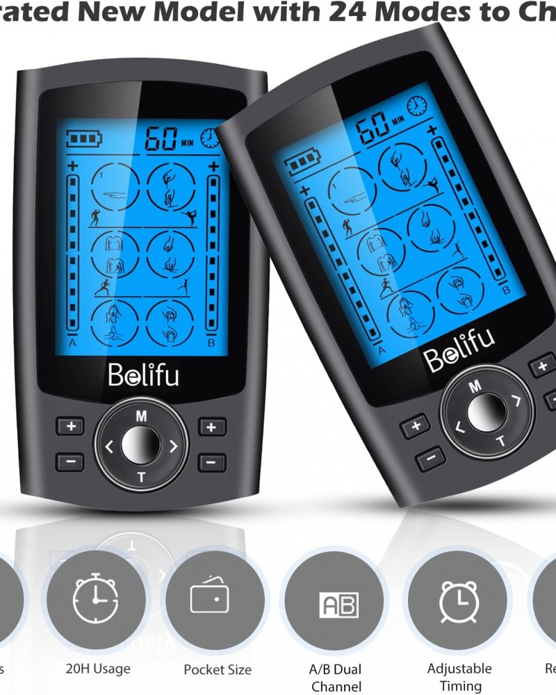Belifu Dual Channel TENS EMS Unit with 12 Pads, 24 Modes Muscle Stimulator, Electronic Pulse Massager Muscle Massager for Pain Relief Therapy, Fastening Cable Ties, Dust-Proof Drawstring Storage Bag